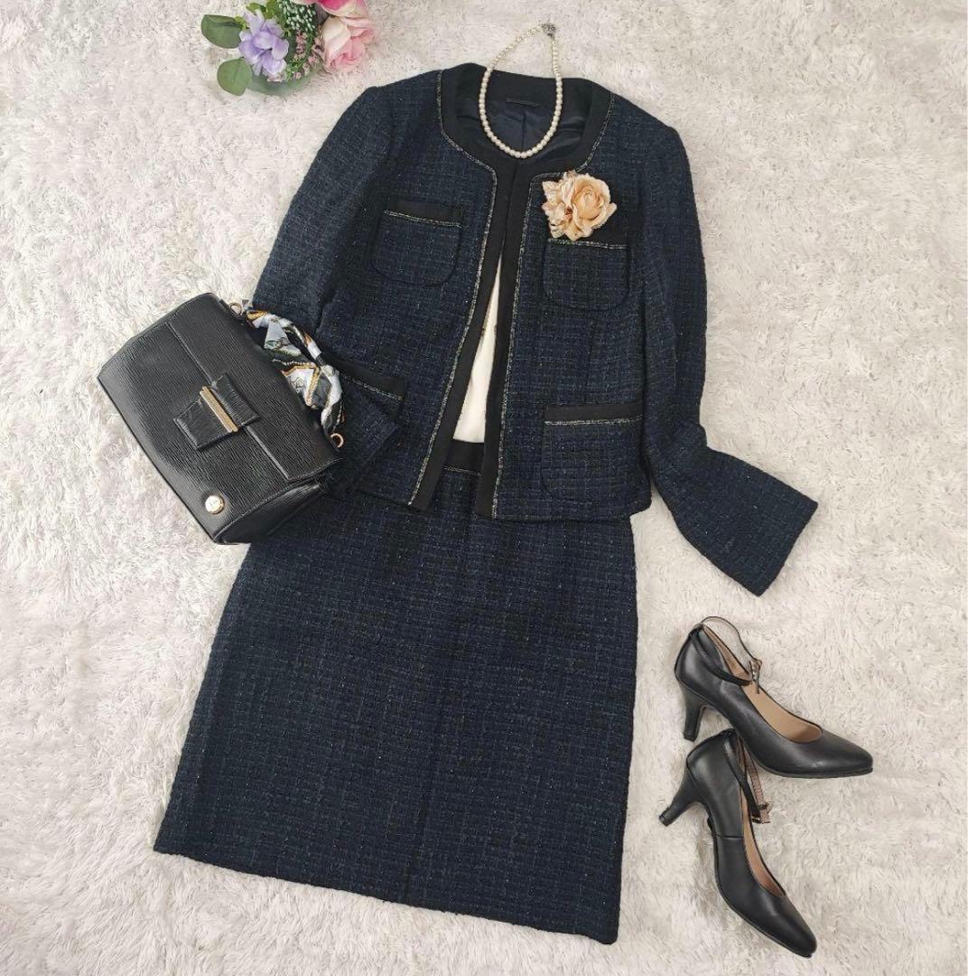 値下げ！素敵ママ♡アナイ ラメツイード ノーカラー セットアップ ネイビー