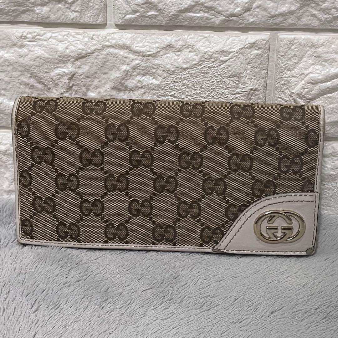 人気✨GUCCI グッチ 二つ折り長財布 GG柄 キャンバス レザー ベージュ系