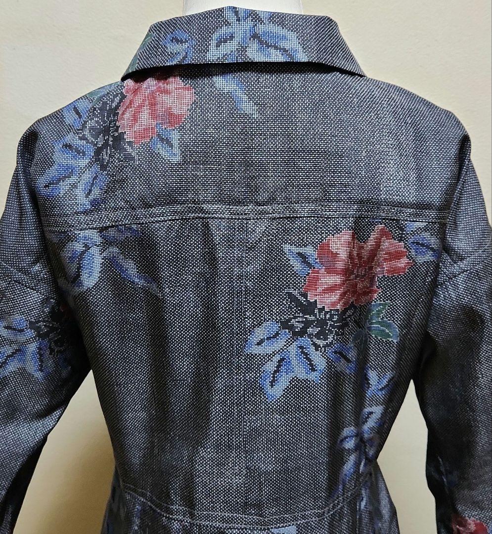 正絹柄大島紬着物リメイク被りタイプウエスト迄前開きフレアーワンピースリボン付き