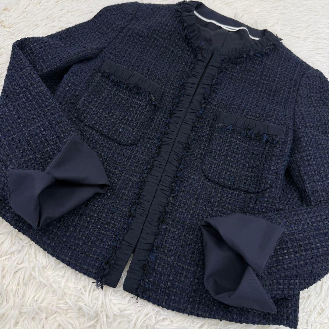 美品 アナイ ミックスツィードノーカラージャケット 濃紺 36 ANAYI