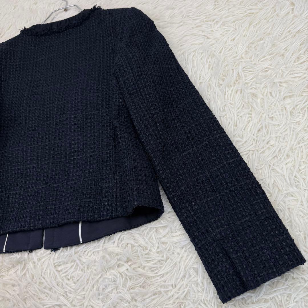 美品 アナイ ミックスツィードノーカラージャケット 濃紺 36 ANAYI