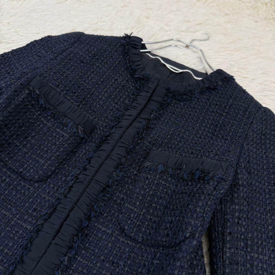 美品 アナイ ミックスツィードノーカラージャケット 濃紺 36 ANAYI