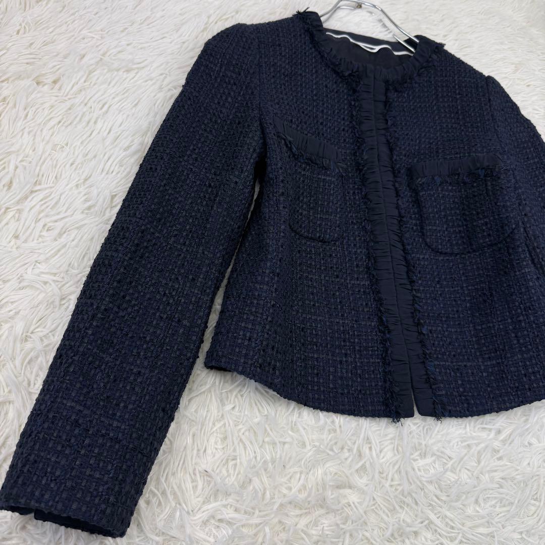 美品 アナイ ミックスツィードノーカラージャケット 濃紺 36 ANAYI