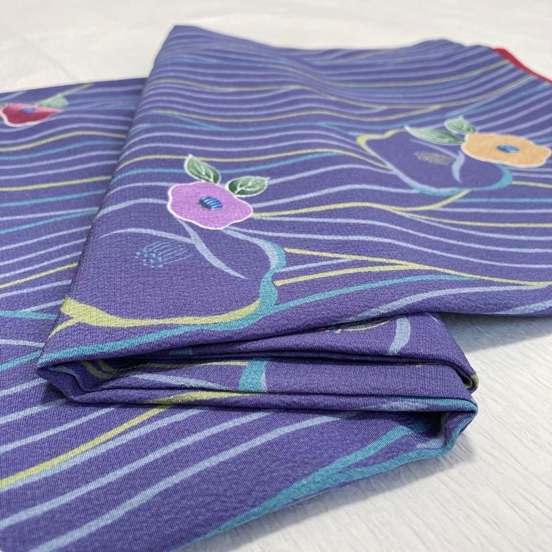 【美品✨】東レシルック　洗える着物　小紋　椿柄　青みの紫色　花文　紫系　袷　L2