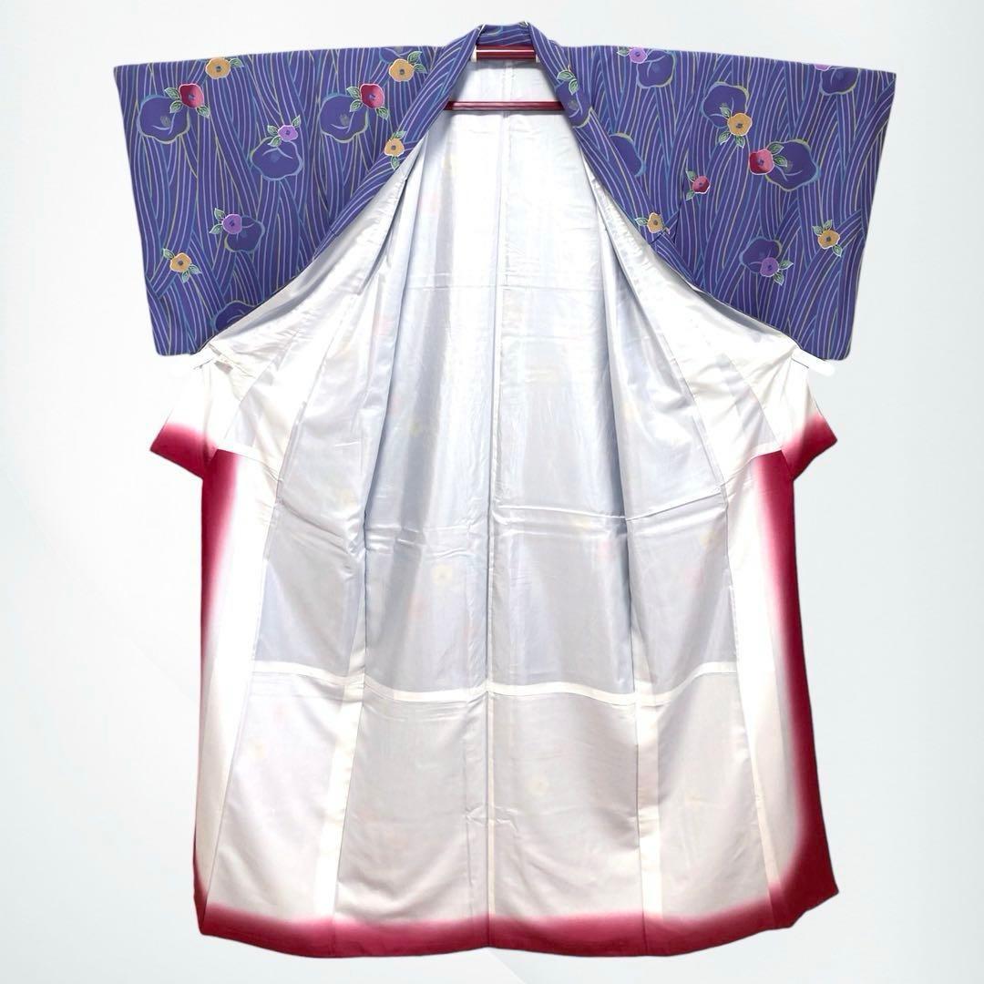 【美品✨】東レシルック　洗える着物　小紋　椿柄　青みの紫色　花文　紫系　袷　L2