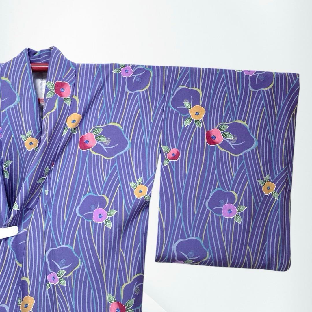 【美品✨】東レシルック　洗える着物　小紋　椿柄　青みの紫色　花文　紫系　袷　L2