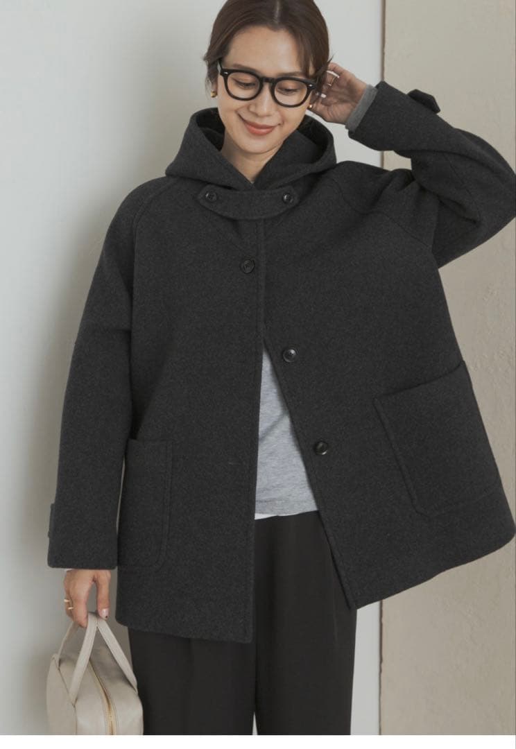 新品　エアリーウールフードコート　杢CHARCOAL