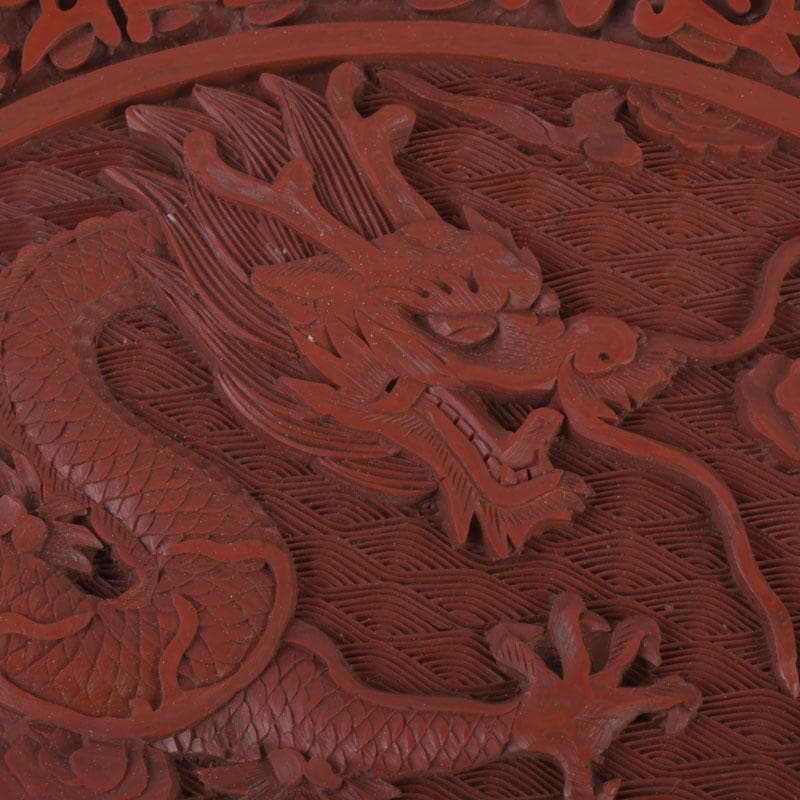 中国　剔紅　堆朱　雲龍文盤　輪花皿　飾皿　皿立付　M　9776