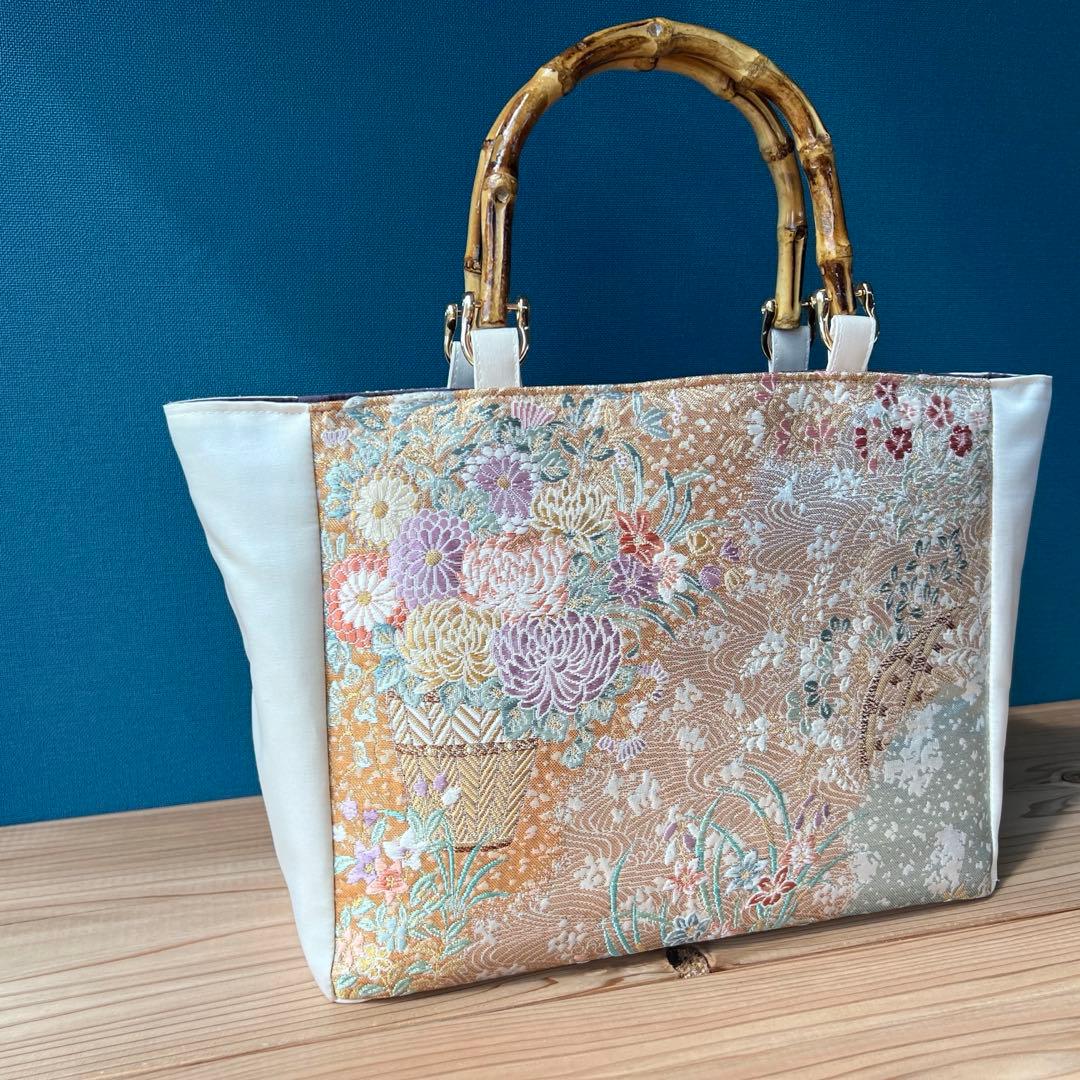 西陣織 A4対応 帯リメイク トートバッグ 和装バッグ ショルダー バンブー