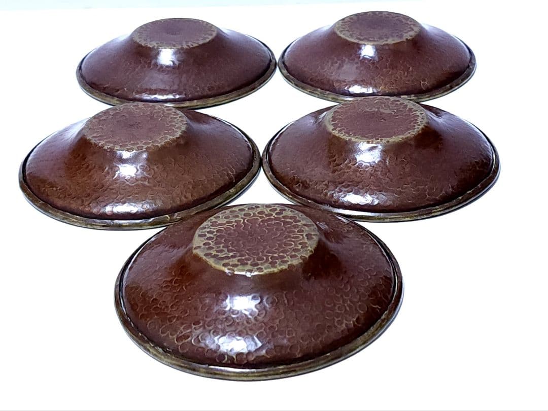 黄銅圓形 托子 金谷五郎三郎 鎚目 5客 共箱　煎茶道具 金属工芸