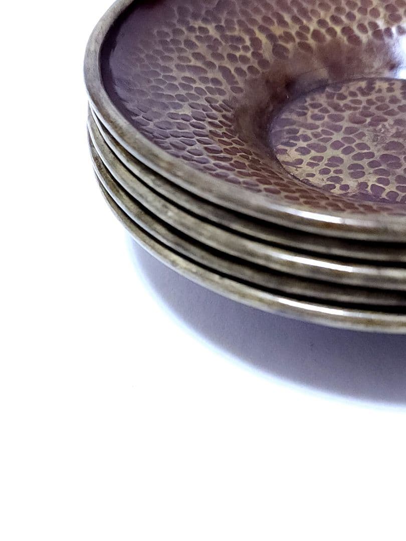 黄銅圓形 托子 金谷五郎三郎 鎚目 5客 共箱　煎茶道具 金属工芸