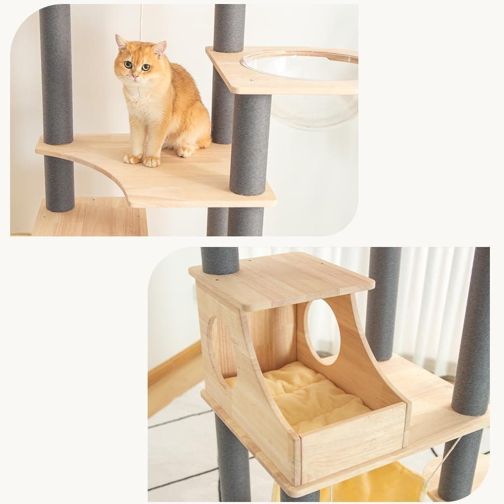 キャットタワー 据え置き型 162cm 天然木 グレー 宇宙船 ハンモック付き