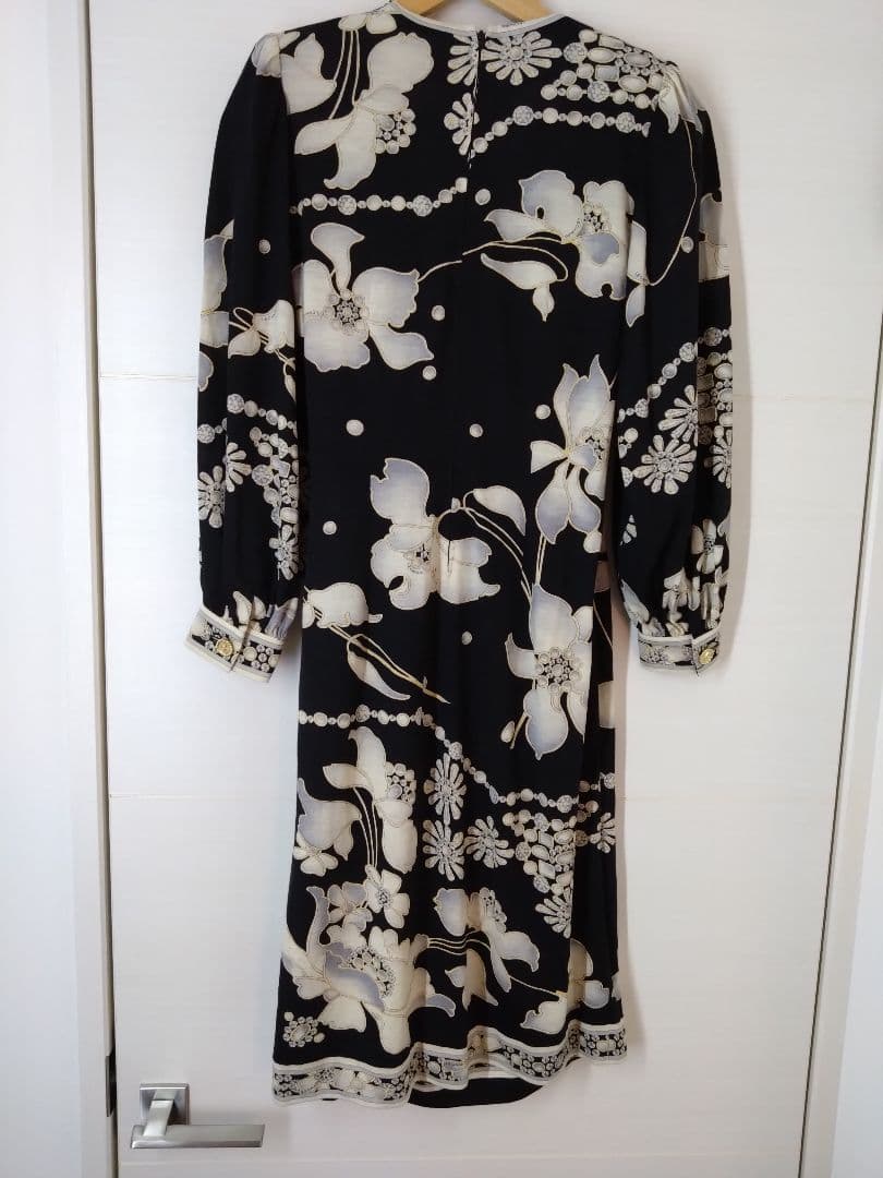 レオナール シルク混 花柄 レース カシュクール 長袖 ワンピース L