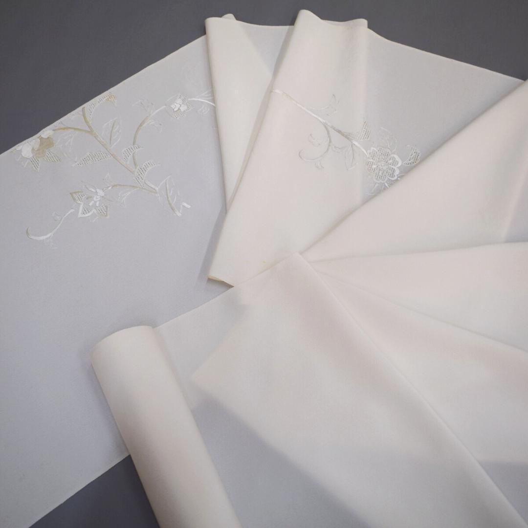 M02-1 新品保管品 正絹 中国汕頭刺繍 白生地 付下げ 着尺反物 唐花