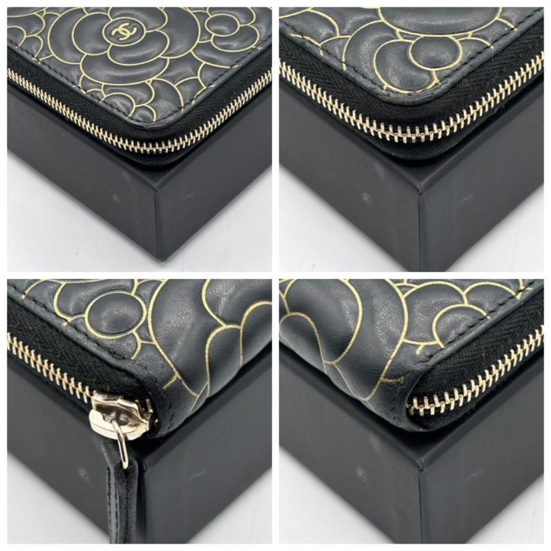 希少 シャネル 箱袋付き カメリア ラウンドファスナー 長財布 黒 ゴールド