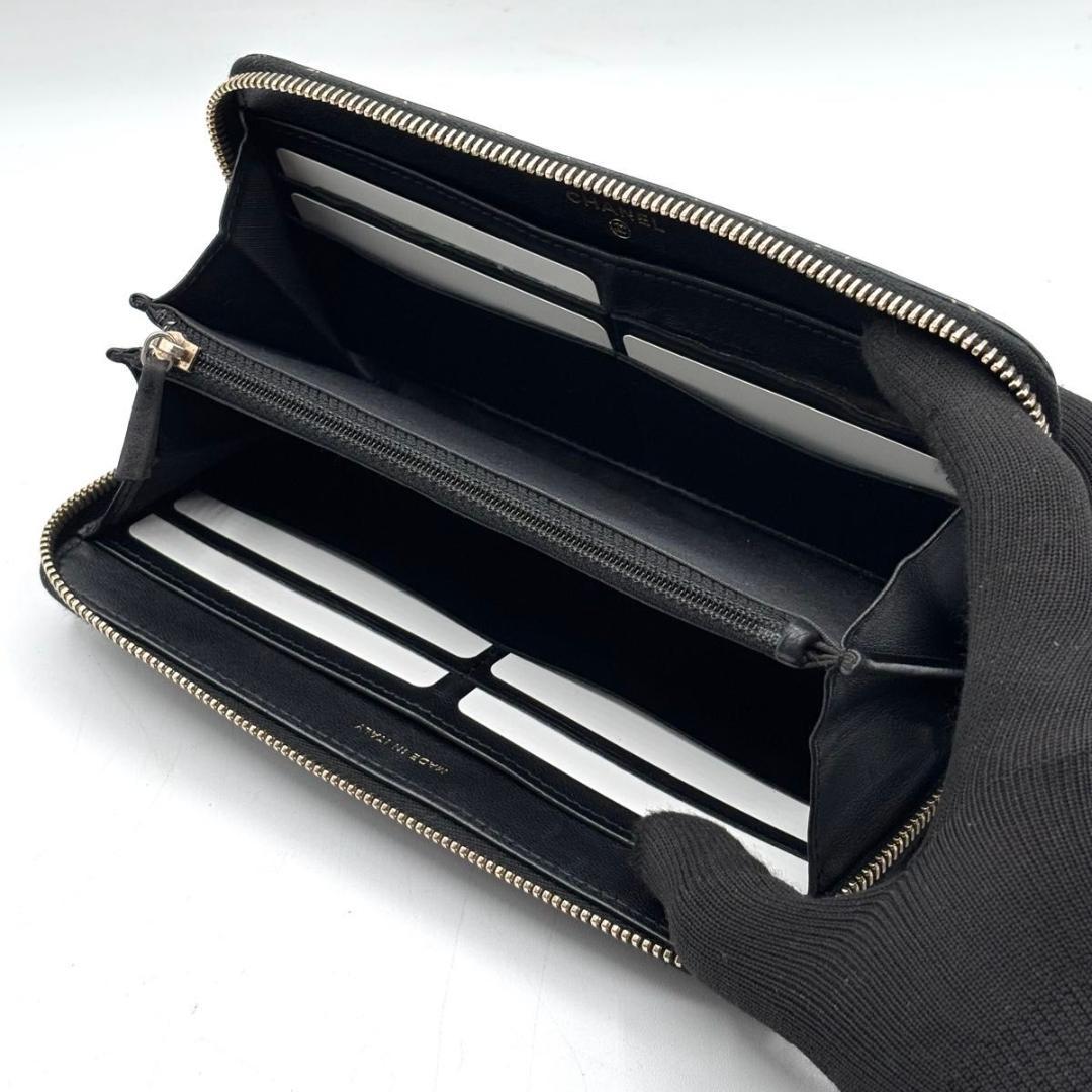 希少 シャネル 箱袋付き カメリア ラウンドファスナー 長財布 黒 ゴールド