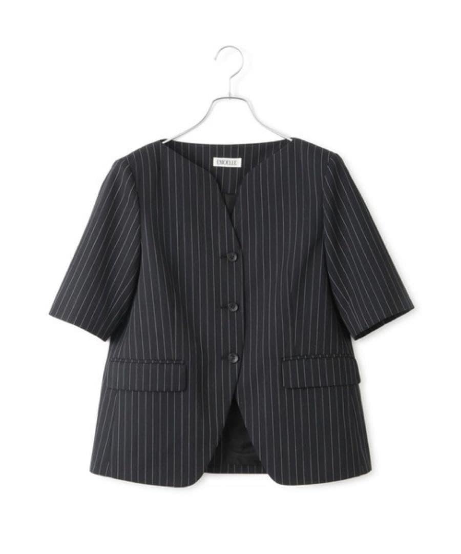 EMOELLE ストライプ ノーカラージャケット ネイビー