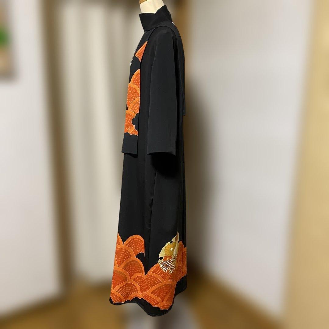 《LL 125cm》黒留袖リメイク ヨーク切り替え 七分袖 ワンピース