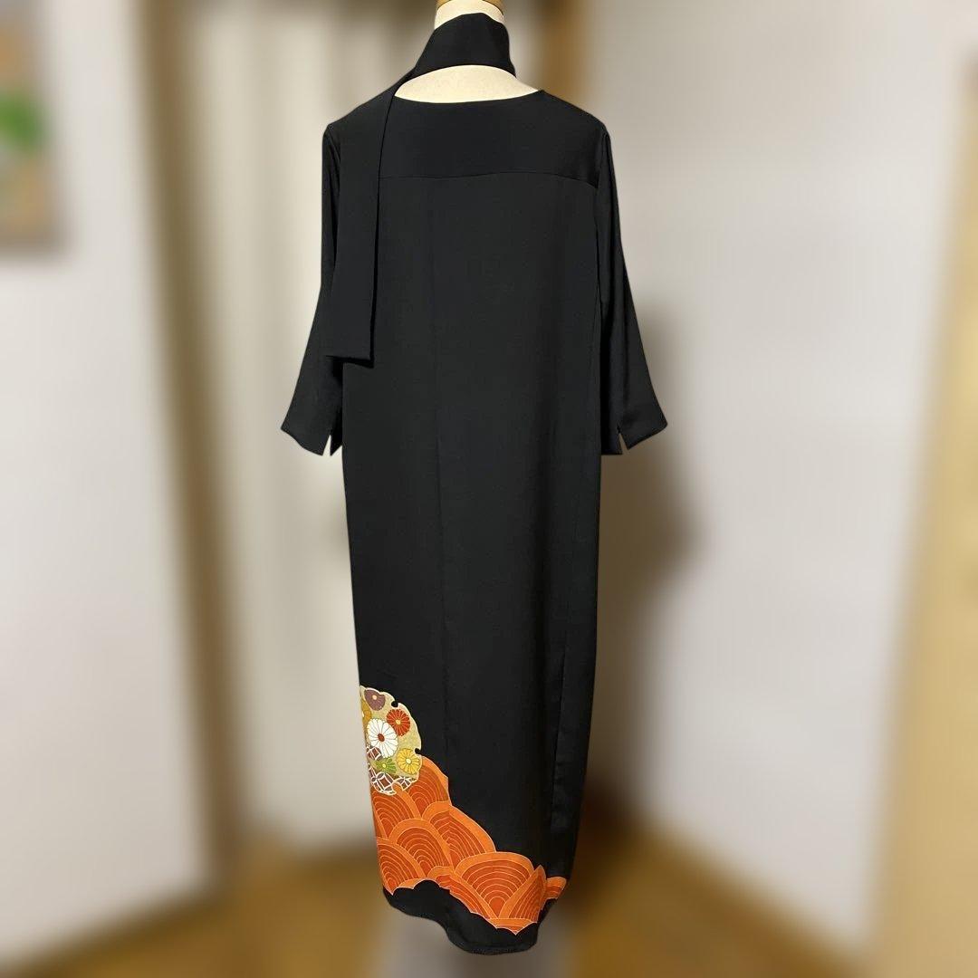 《LL 125cm》黒留袖リメイク ヨーク切り替え 七分袖 ワンピース