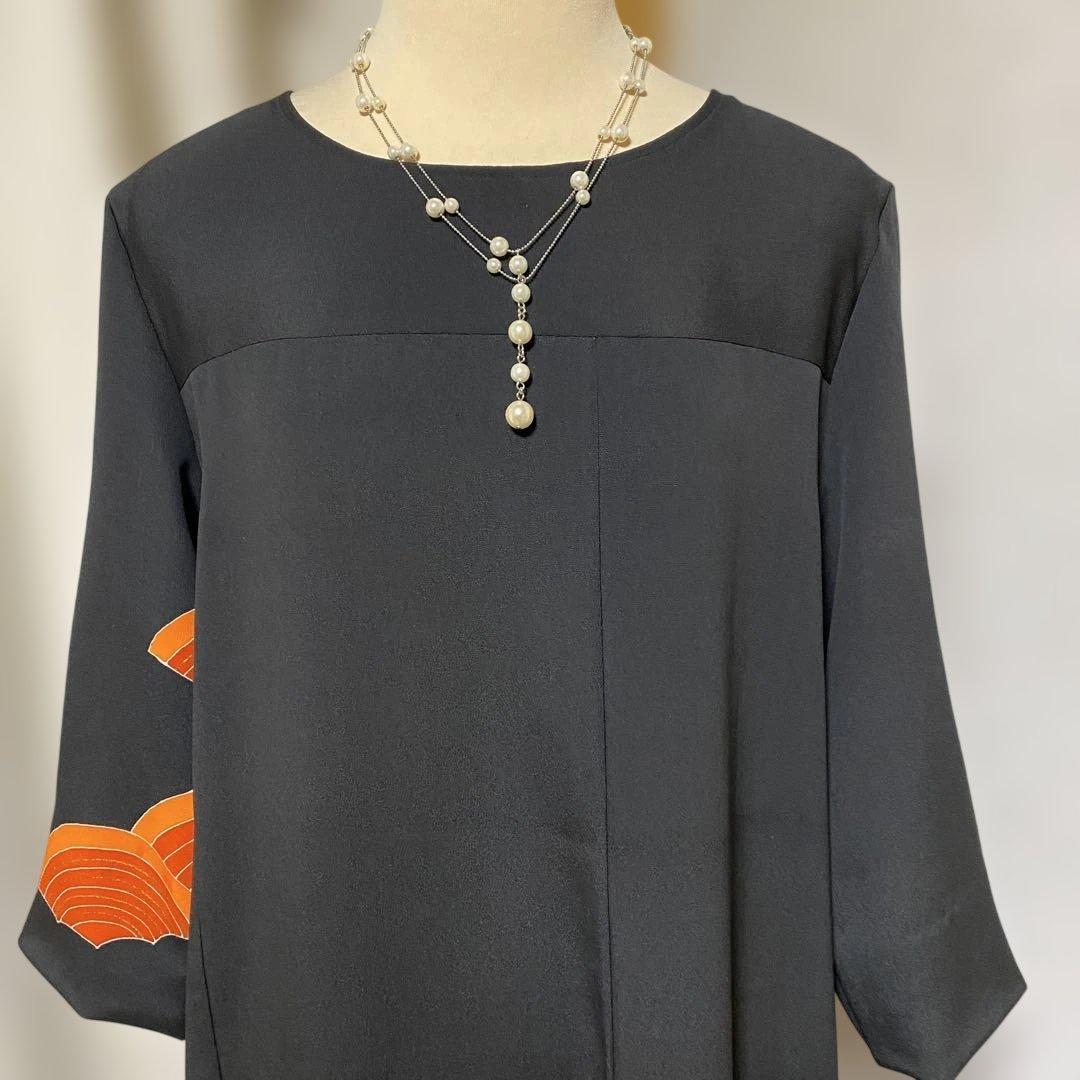 《LL 125cm》黒留袖リメイク ヨーク切り替え 七分袖 ワンピース