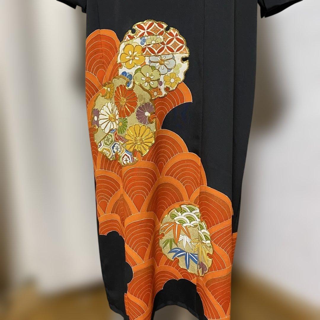 《LL 125cm》黒留袖リメイク ヨーク切り替え 七分袖 ワンピース