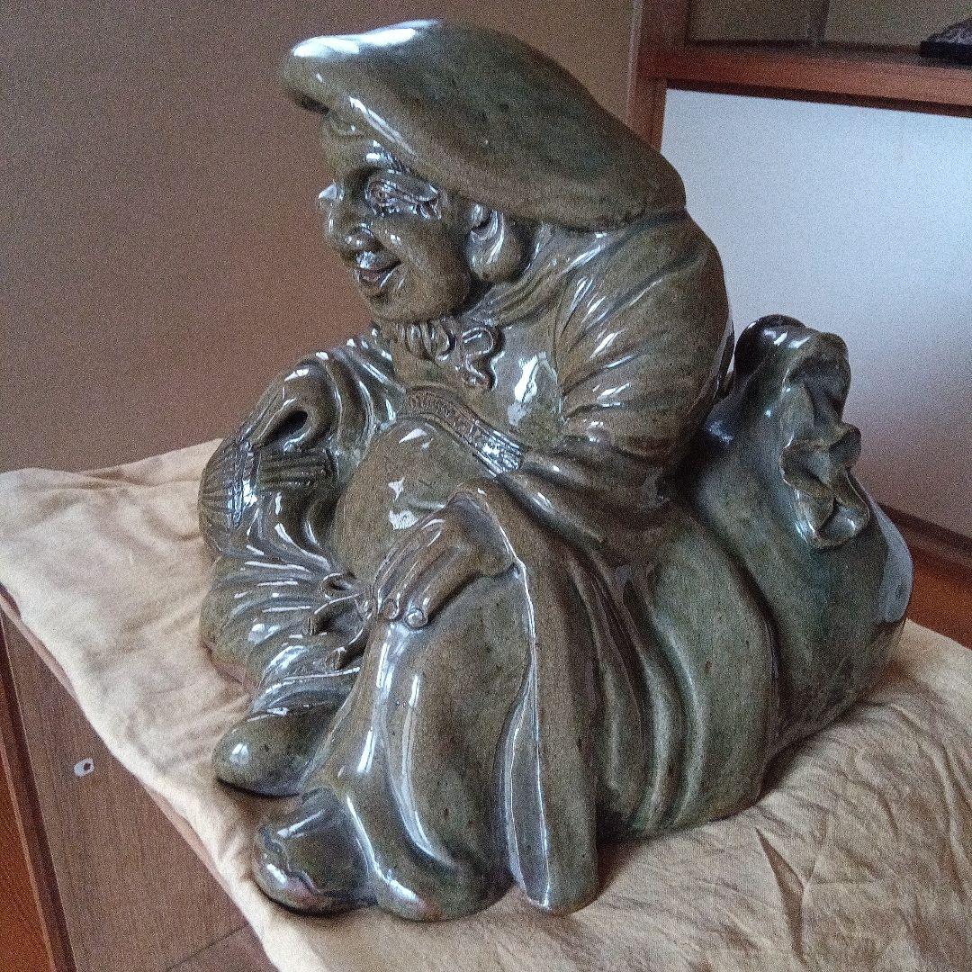 【古萩】青釉 大黒天 置物【三輪窯3代作】人間国宝 三輪休和(休雪)極め