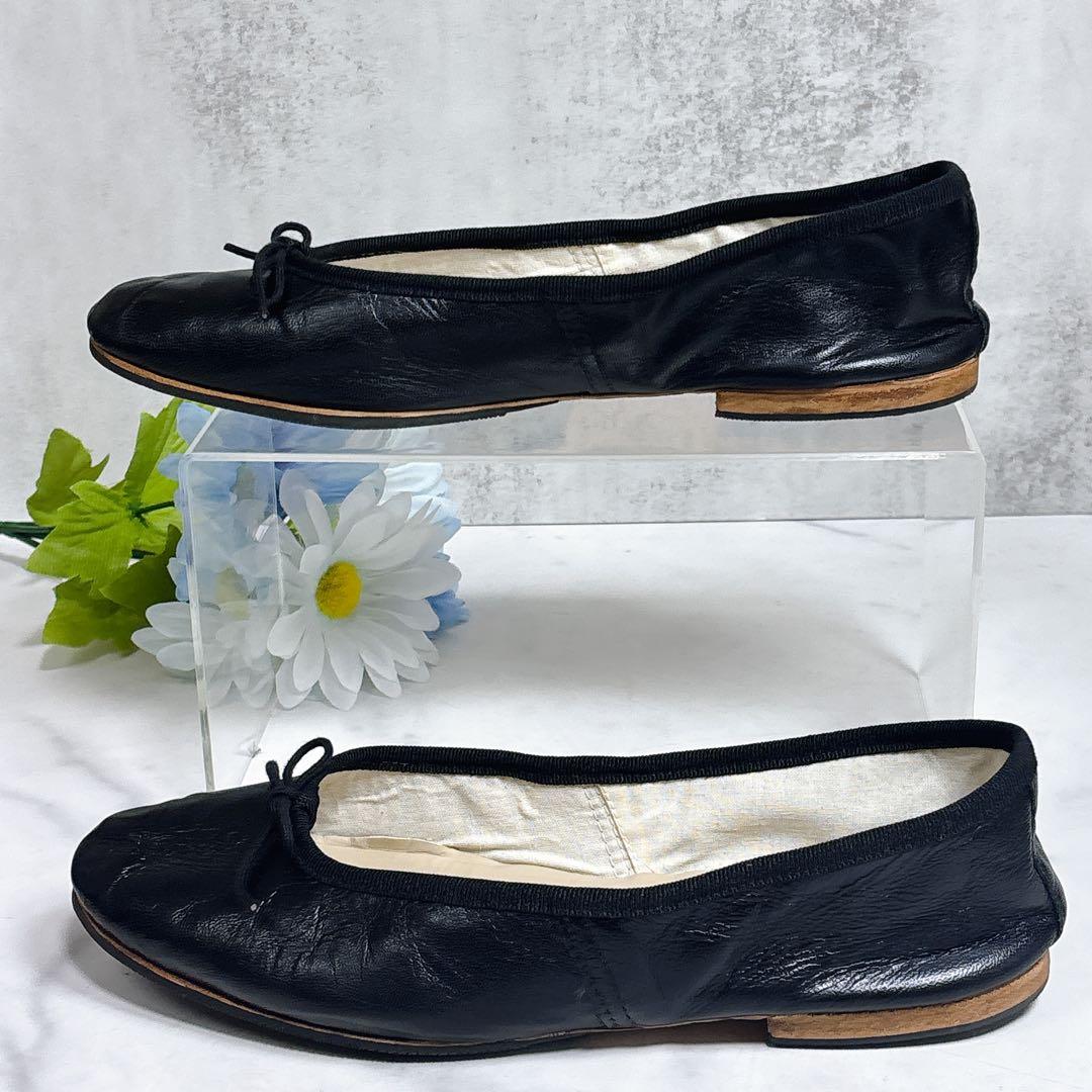 美品 ポルセリ A.P.C レザー バレエシューズ フラット ブラック リボン