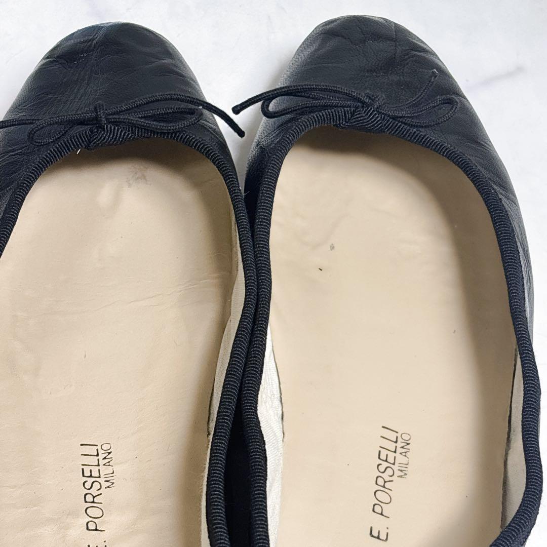 美品 ポルセリ A.P.C レザー バレエシューズ フラット ブラック リボン