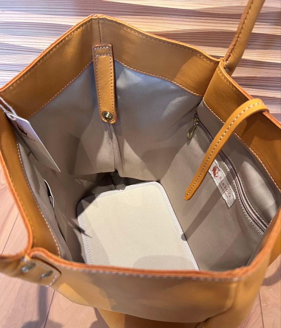 【牛革】イエロートートバッグ 外ポケット付き