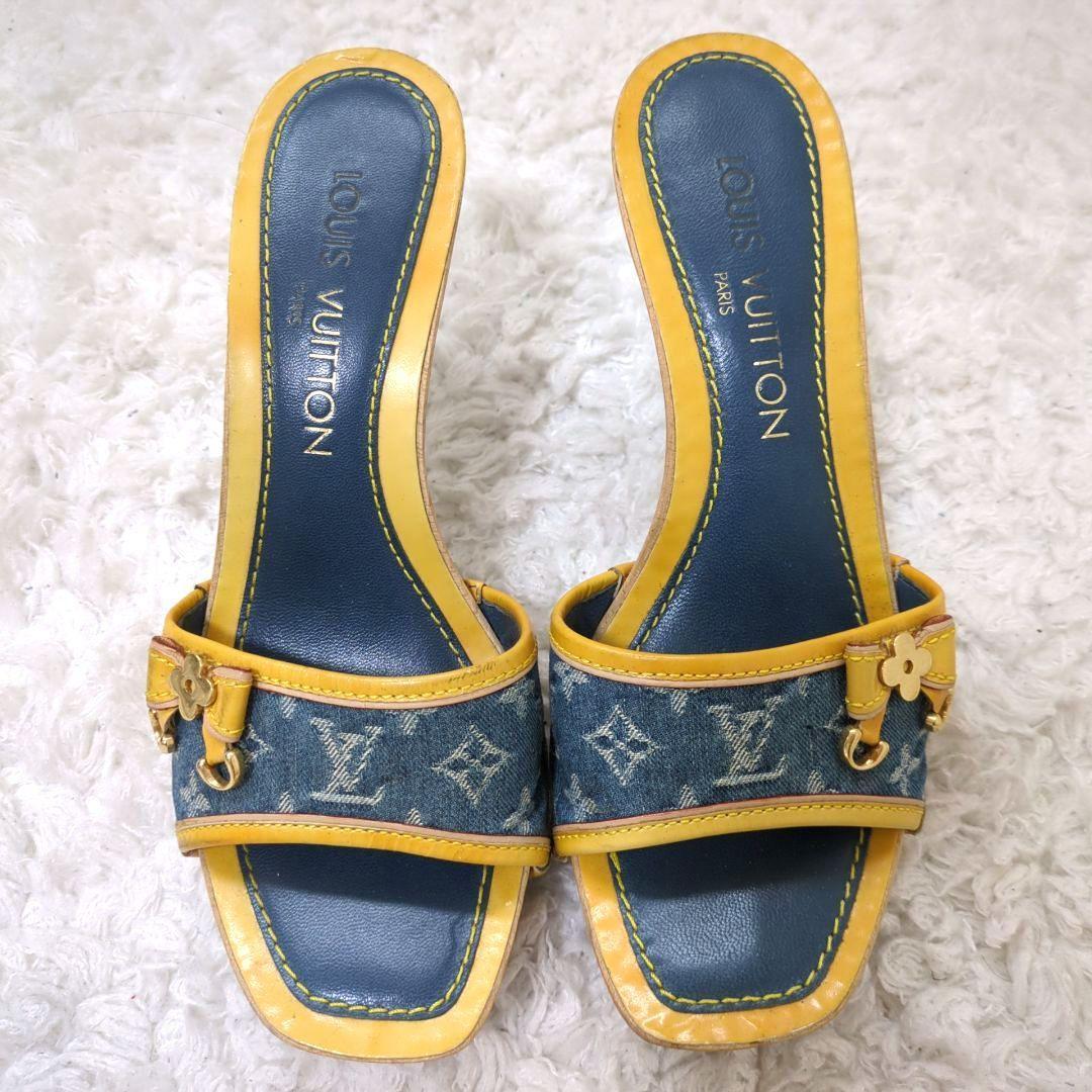 ルイヴィトン　サンダル　ミュール　モノグラム　デニム　リボン　ヒール　正規品