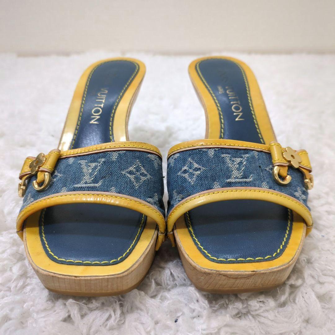 ルイヴィトン　サンダル　ミュール　モノグラム　デニム　リボン　ヒール　正規品