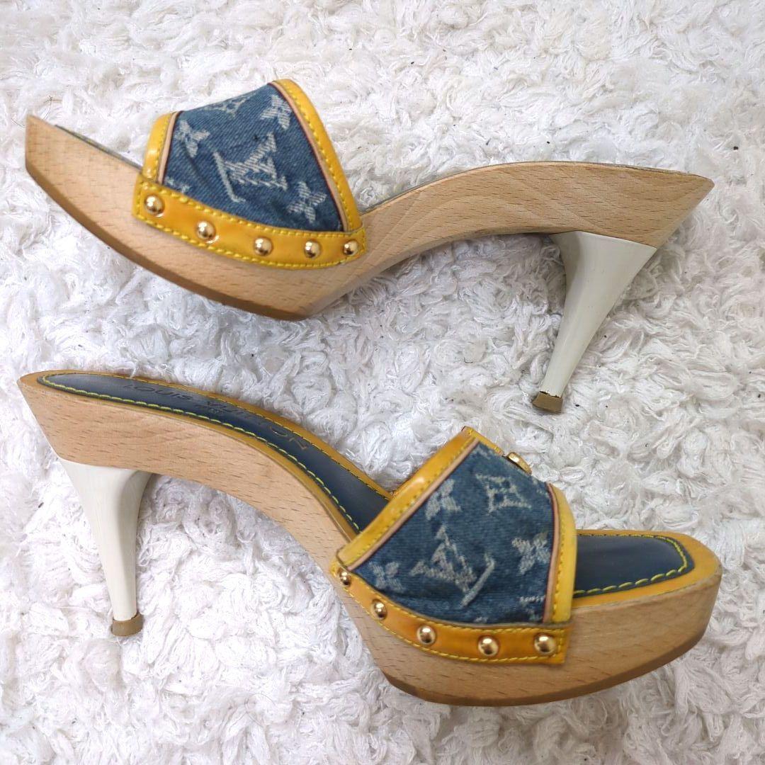 ルイヴィトン　サンダル　ミュール　モノグラム　デニム　リボン　ヒール　正規品