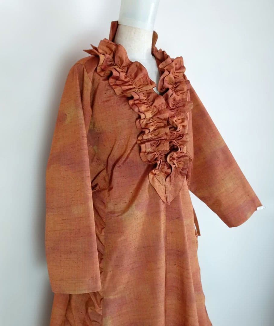 314　手染め大輔　着物リメイク　紬　ワンピース　Ｌ〜フリーサイズ