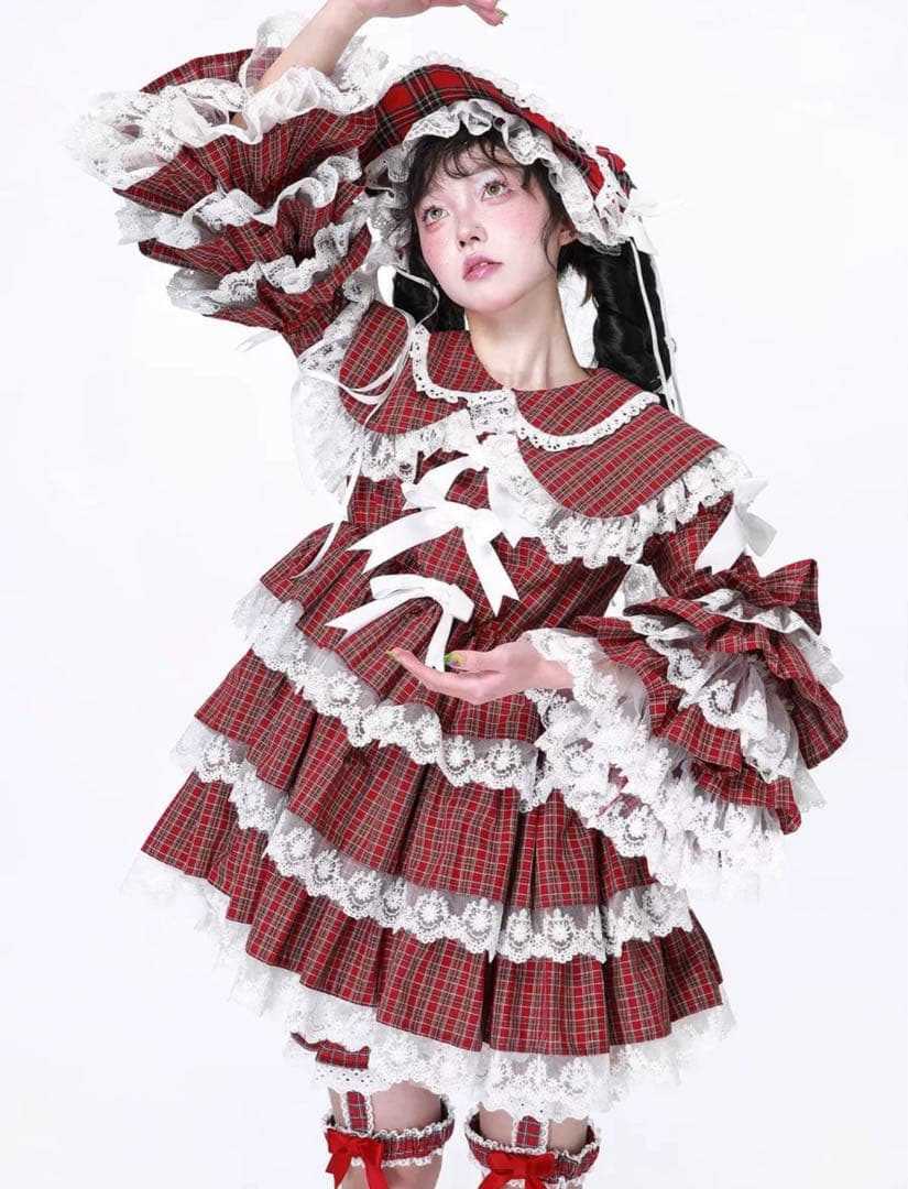 SOS MEME CLUB赤いチェック ワンピース M セット