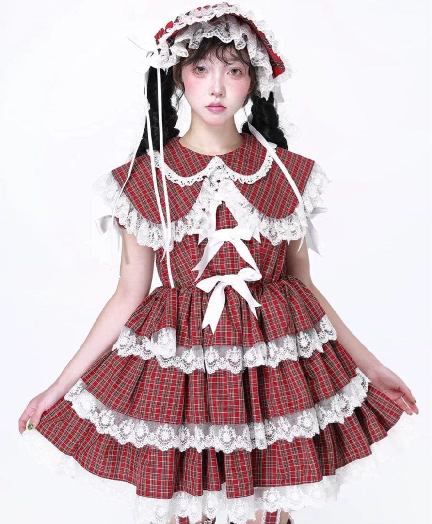 SOS MEME CLUB赤いチェック ワンピース M セット