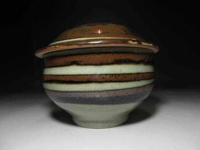 人間国宝 濱田庄司 柿釉 合子／共箱 共布付き／蓋物 菓子器