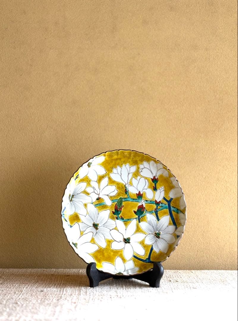 九谷焼【山岸政山作】 希少 九谷五彩 大皿 飾り皿 花紋 古美術 伝統工芸