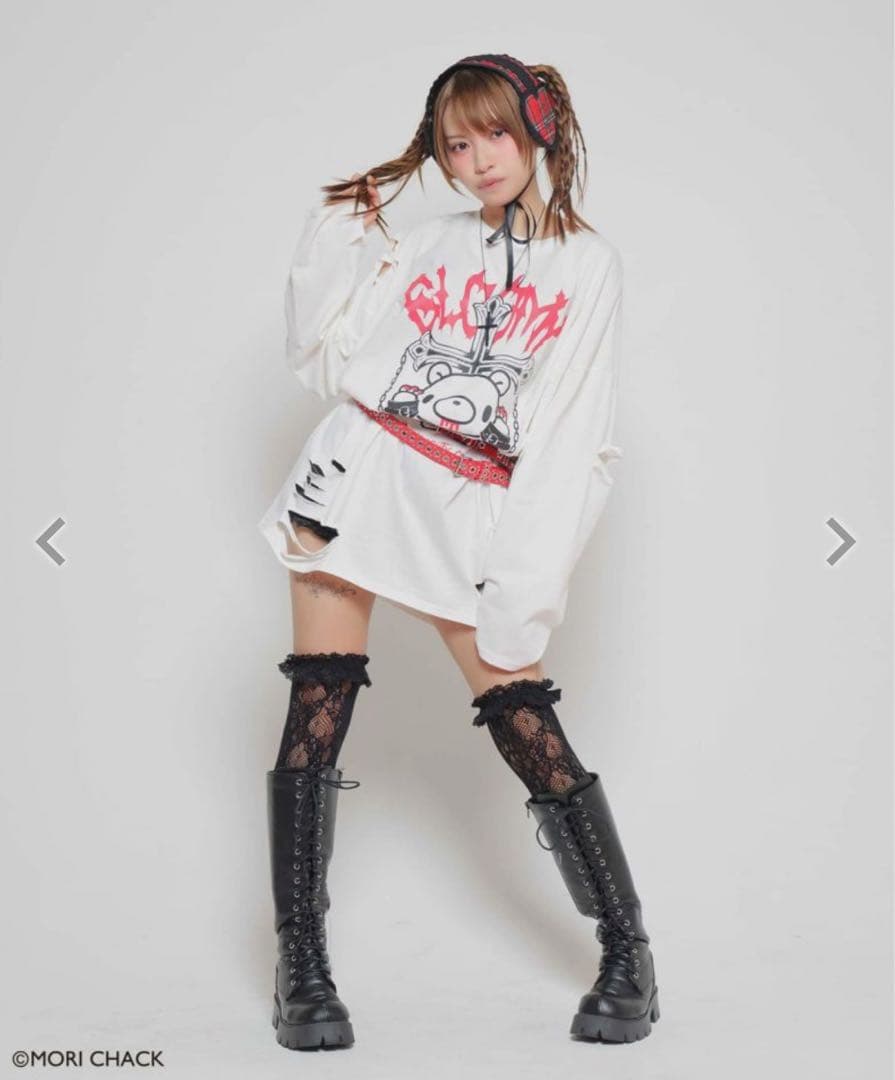 グルーミー×SPINNS ダメージロングＴシャツ ホワイト