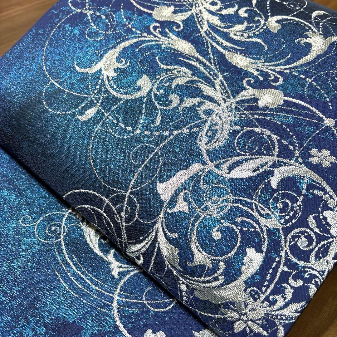 新品未使用 正絹 六通袋帯 西陣織【銀青 唐草】