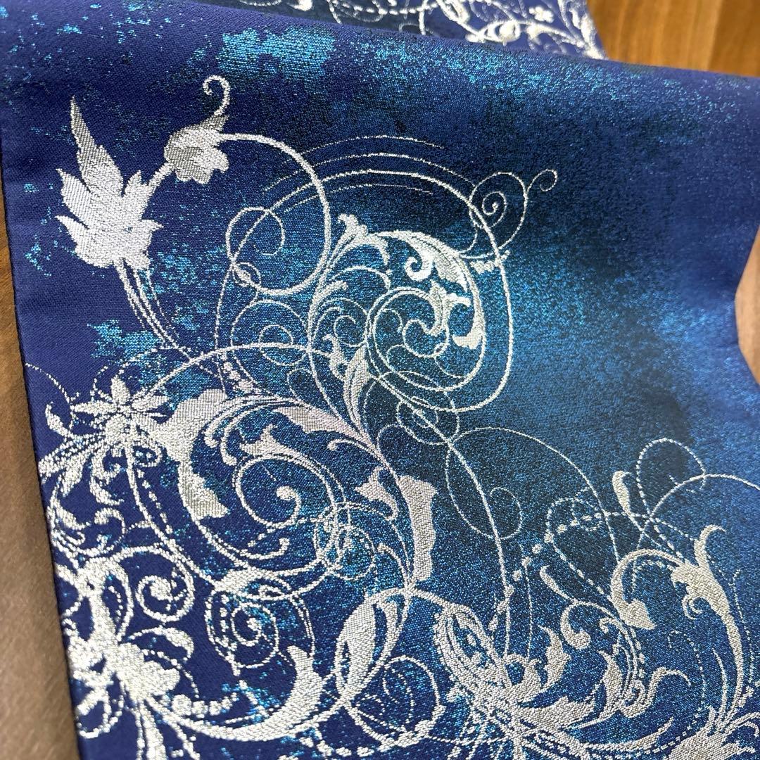 新品未使用 正絹 六通袋帯 西陣織【銀青 唐草】