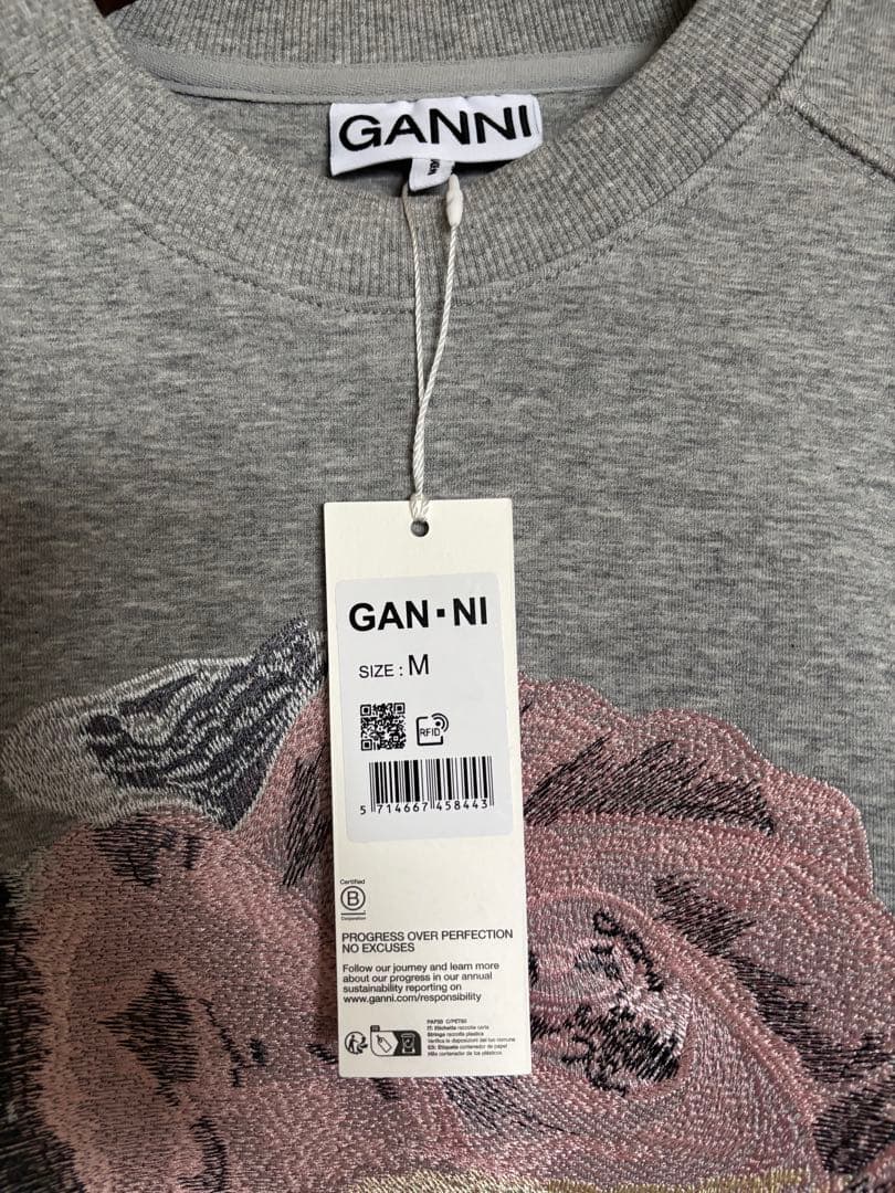 【新品タグ付き】Ganni バラ刺繍 グレー スウェット