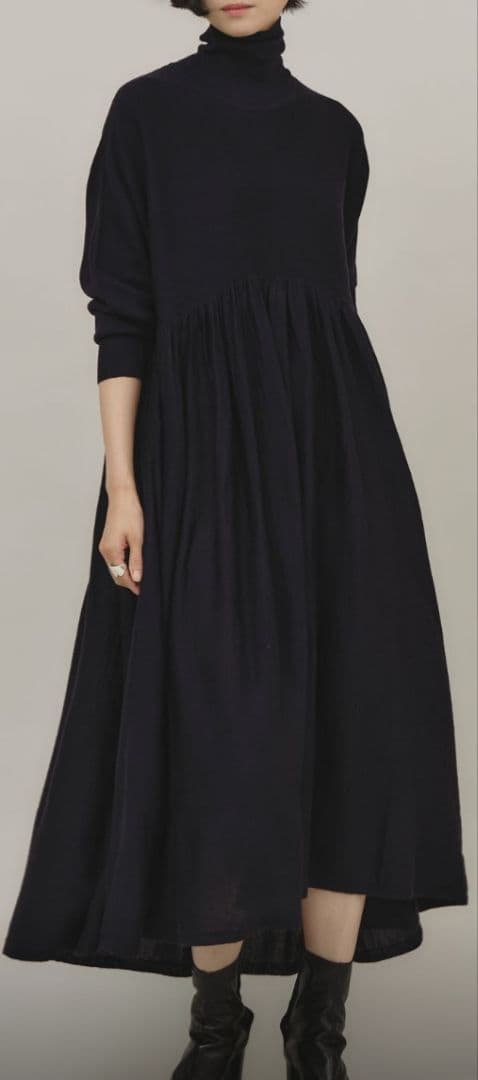 Curensology ウールハイネックギャザーワンピース　ネイビー