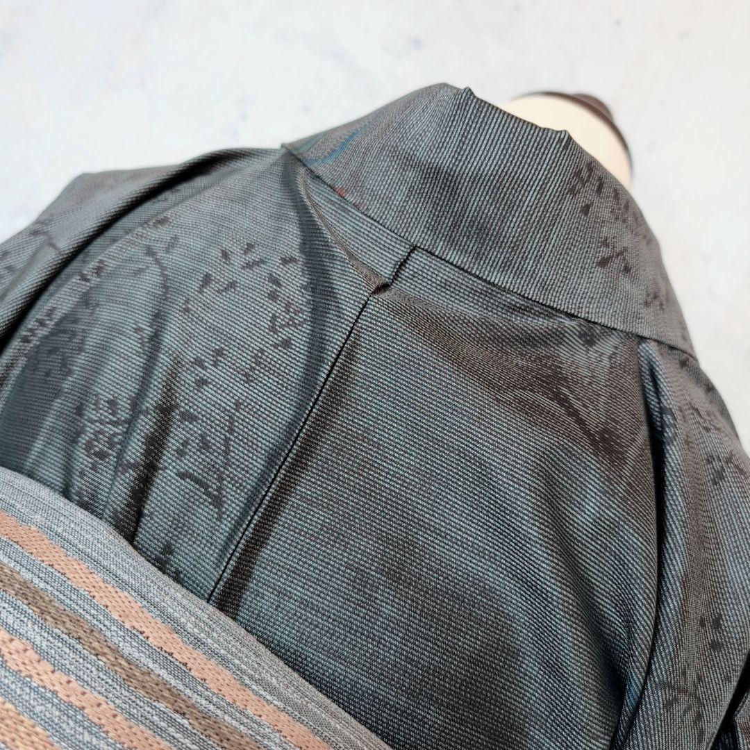 大島紬　紬　フルセット　小紋　着物　正絹　花　黒　おしゃれ　トールサイズ　O7