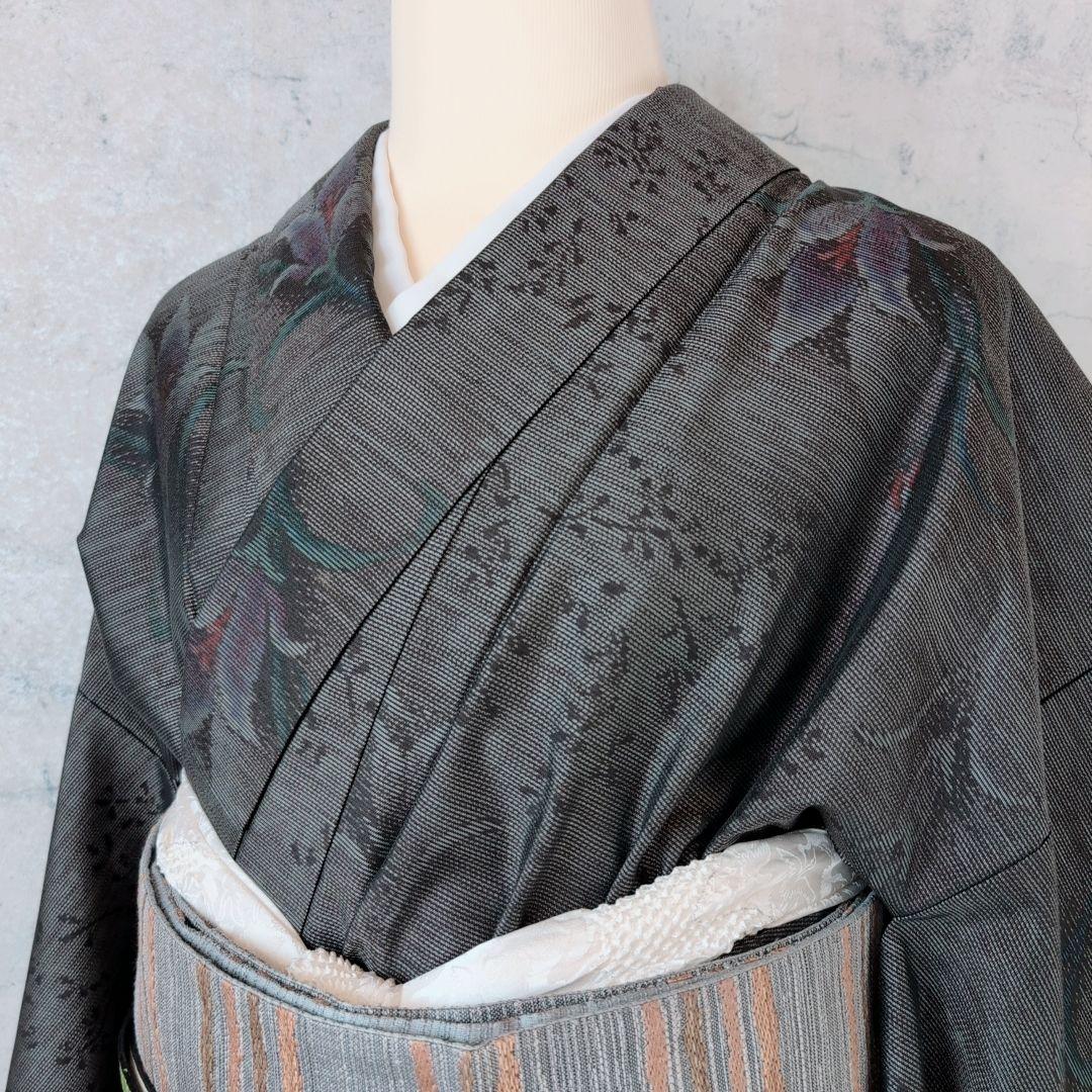 大島紬　紬　フルセット　小紋　着物　正絹　花　黒　おしゃれ　トールサイズ　O7