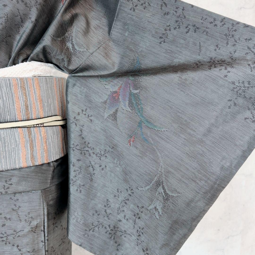 大島紬　紬　フルセット　小紋　着物　正絹　花　黒　おしゃれ　トールサイズ　O7