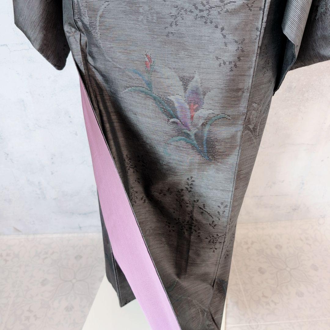 大島紬　紬　フルセット　小紋　着物　正絹　花　黒　おしゃれ　トールサイズ　O7