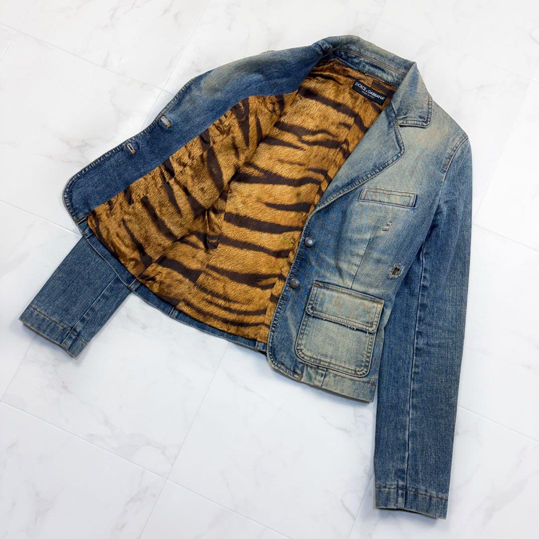 ドルチェ&ガッパーナ　ヴィンテージ加工 アニマル柄　42 デニムジャケット　青