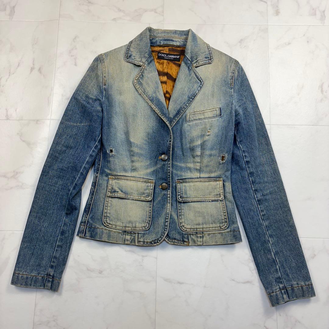 ドルチェ&ガッパーナ　ヴィンテージ加工 アニマル柄　42 デニムジャケット　青