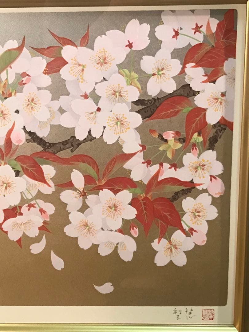 森田りえ子　「桜花」　シルクスクリーン　直筆サイン・落款・作品証明シール有り