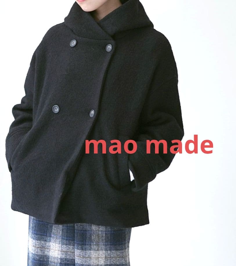 【専用】マオメイド 圧縮ウールダブルボタンミドル丈フーディジャケット　黒